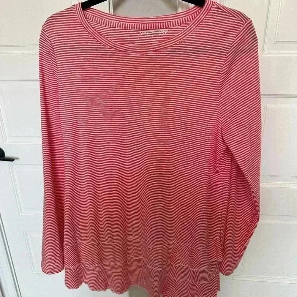 Soft Surroundings Red/White Striped Crewneck Ruffle Hem Knit Tunic Medium *NWOT*